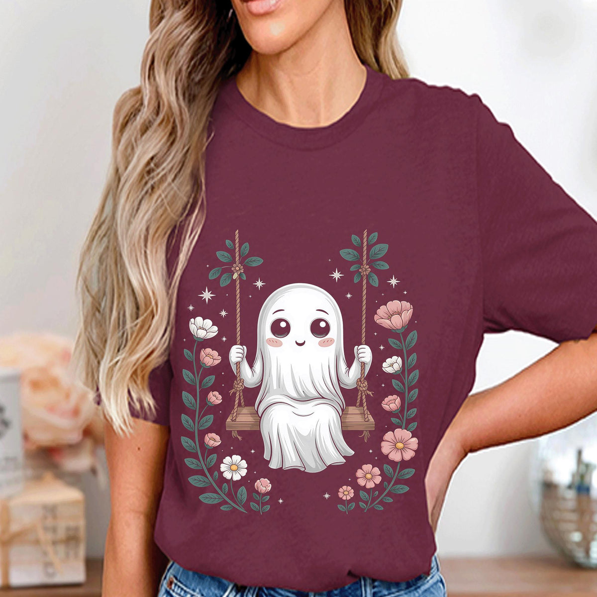 Cute Ghost Swing Shirt, Floral Spooky Halloween Spirit Tee, Kawaii Haunted Top, Women Halloween Shirt, Girl Halloween Sweatshirt, Ghost Tee