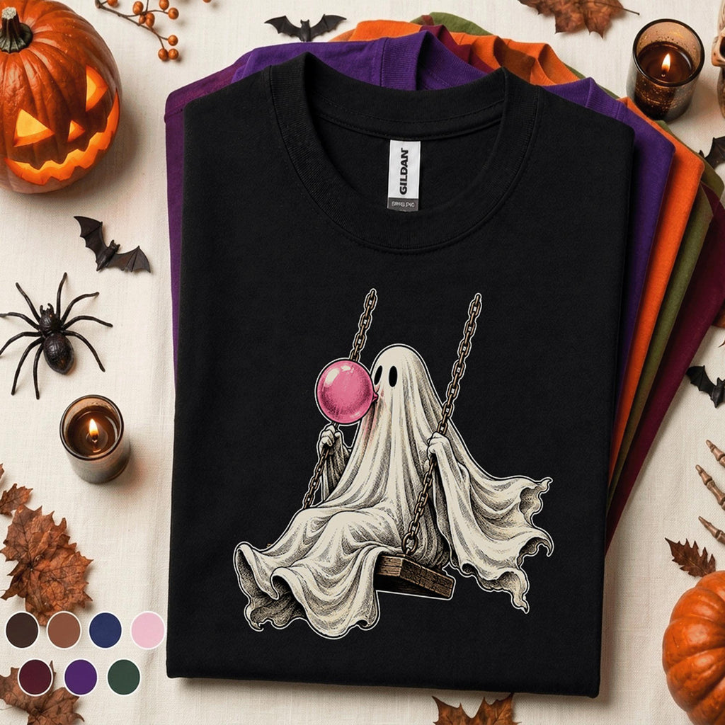 Bubblegum Ghost Halloween Shirt, Cute Ghost on Swing Tee