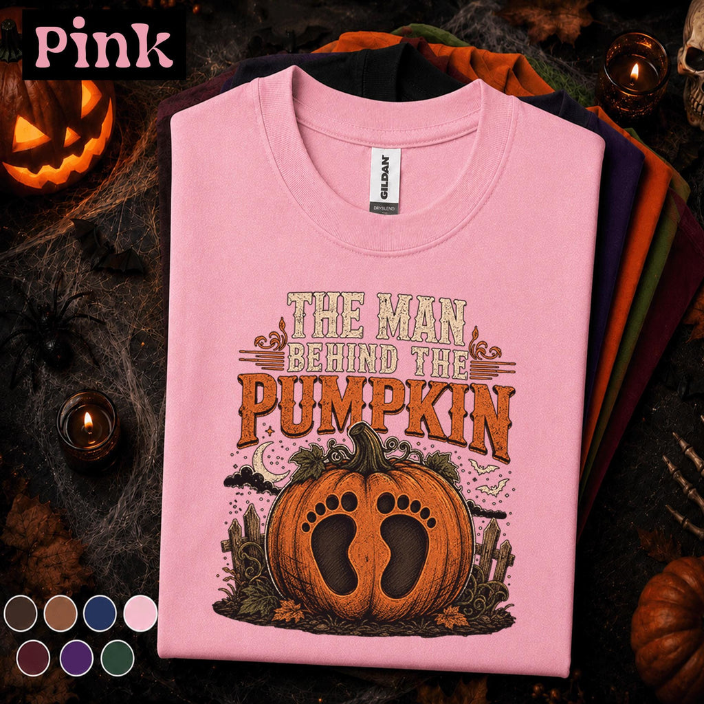 The Man Behind The Pumpkin Halloween Shirt, Funny Dad Halloween Tee, Pregnancy Reveal Shirt, New Dad Pumpkin Fall Announcement Gift Tee