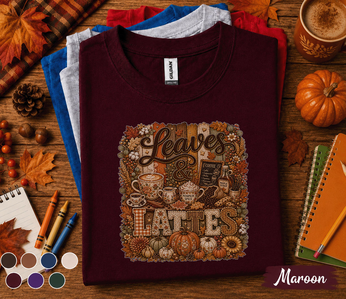 Leaves & Lattes Shirt Cozy Fall Coffee Lover Tee Autumn Pumpkin Spice Shirt Fall Aesthetic Thanksgiving Coffee Bar Gift for Women