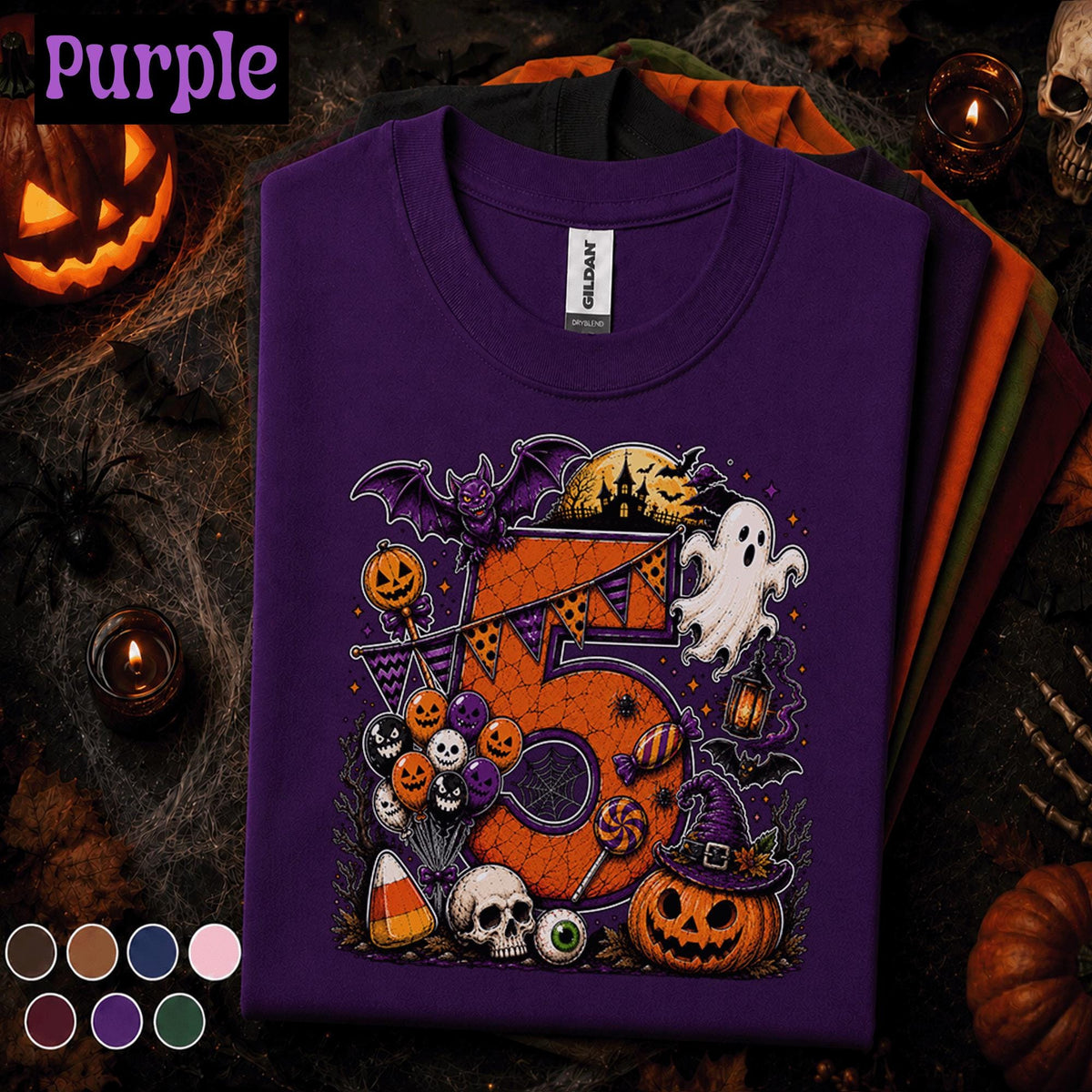 5th Birthday Halloween Shirt, Spooky Number 5 Tee, October Birthday Party Shirt, Ghost Pumpkin Witch Kids Halloween Gift for Girls Boys