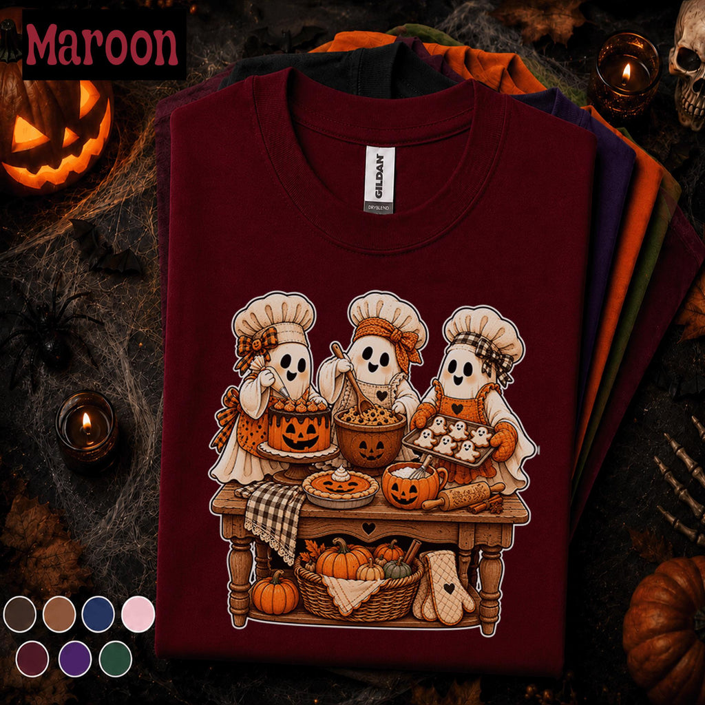 Cute Ghost Baker Halloween Shirt, Spooky Baking Tee, Pumpkin Cake and Cookie Shirt, Fall Bakery Gift, Halloween Kitchen T Shirt