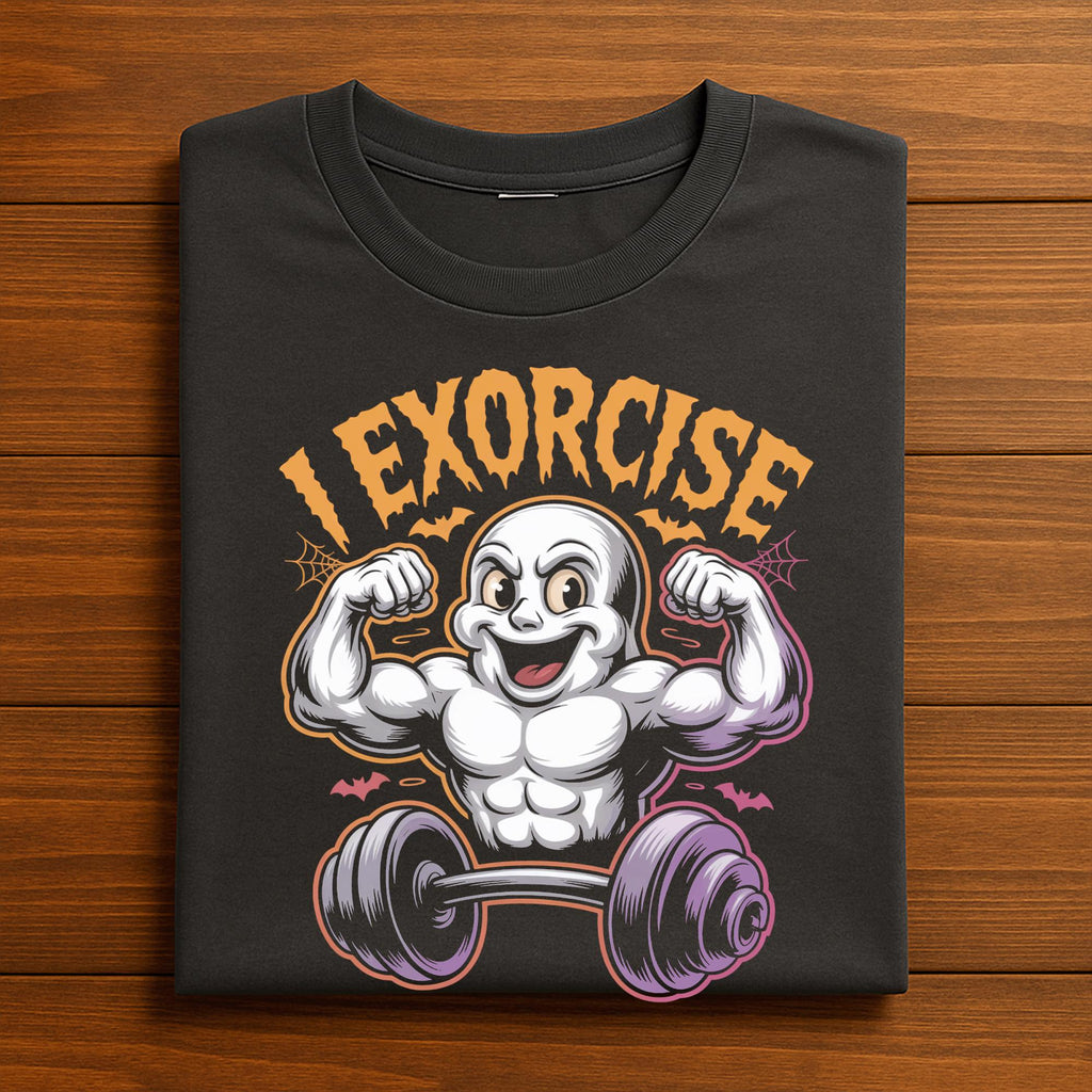 I Exorcise Ghost Shirt, Muscular Ghost Lifting Dumbbell Gym Tee, Spooky Workout Fitness Costume for Gym Rats & Lifters, Halloween Gym Shirt