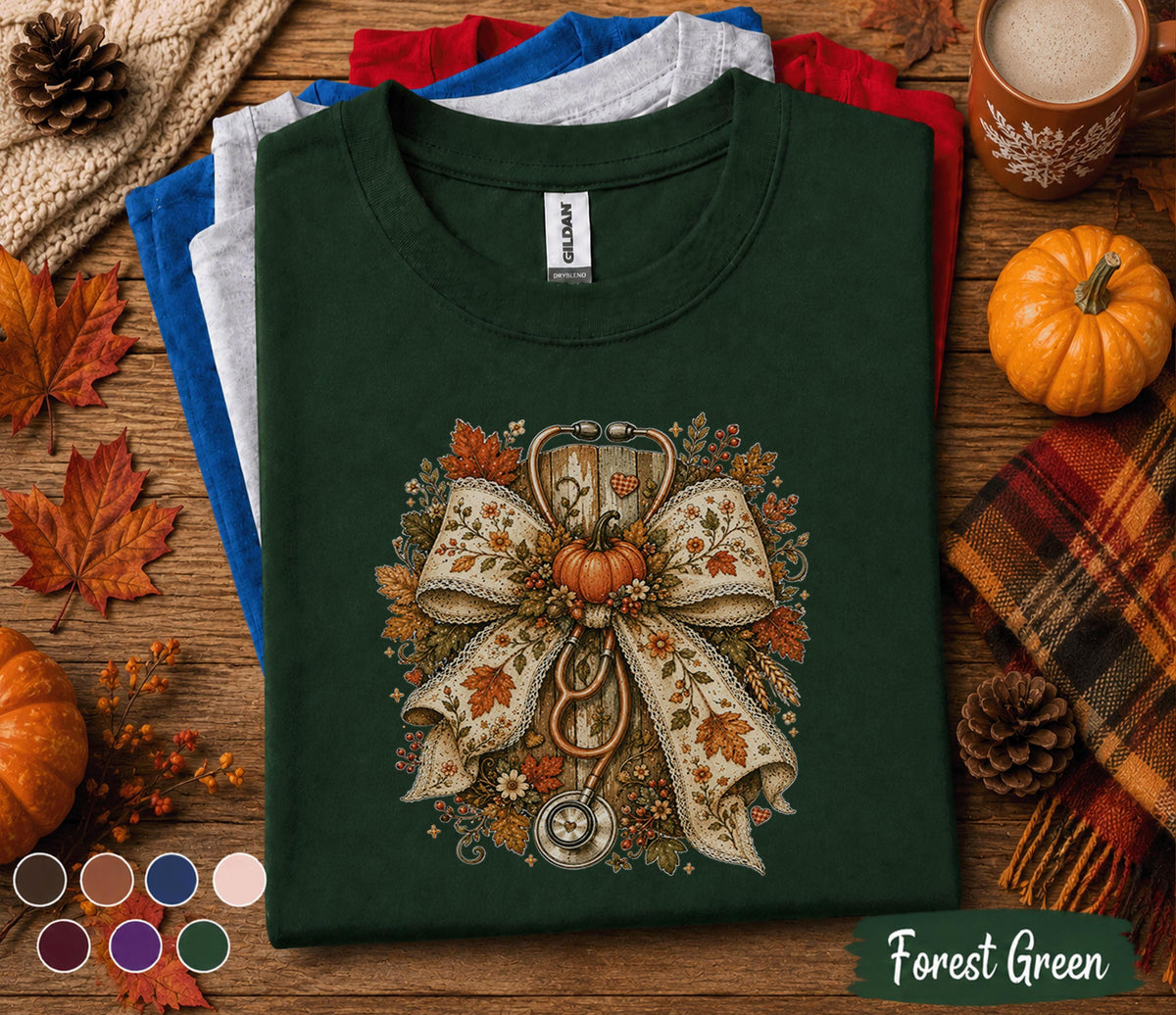 Fall Nurse Bow Shirt, Autumn Nurse Shirt, Floral Stethoscope Pumpkin Tee, Cozy RN Fall Shirt, Nurse Gift, Medical Worker Autumn Sweatshirt