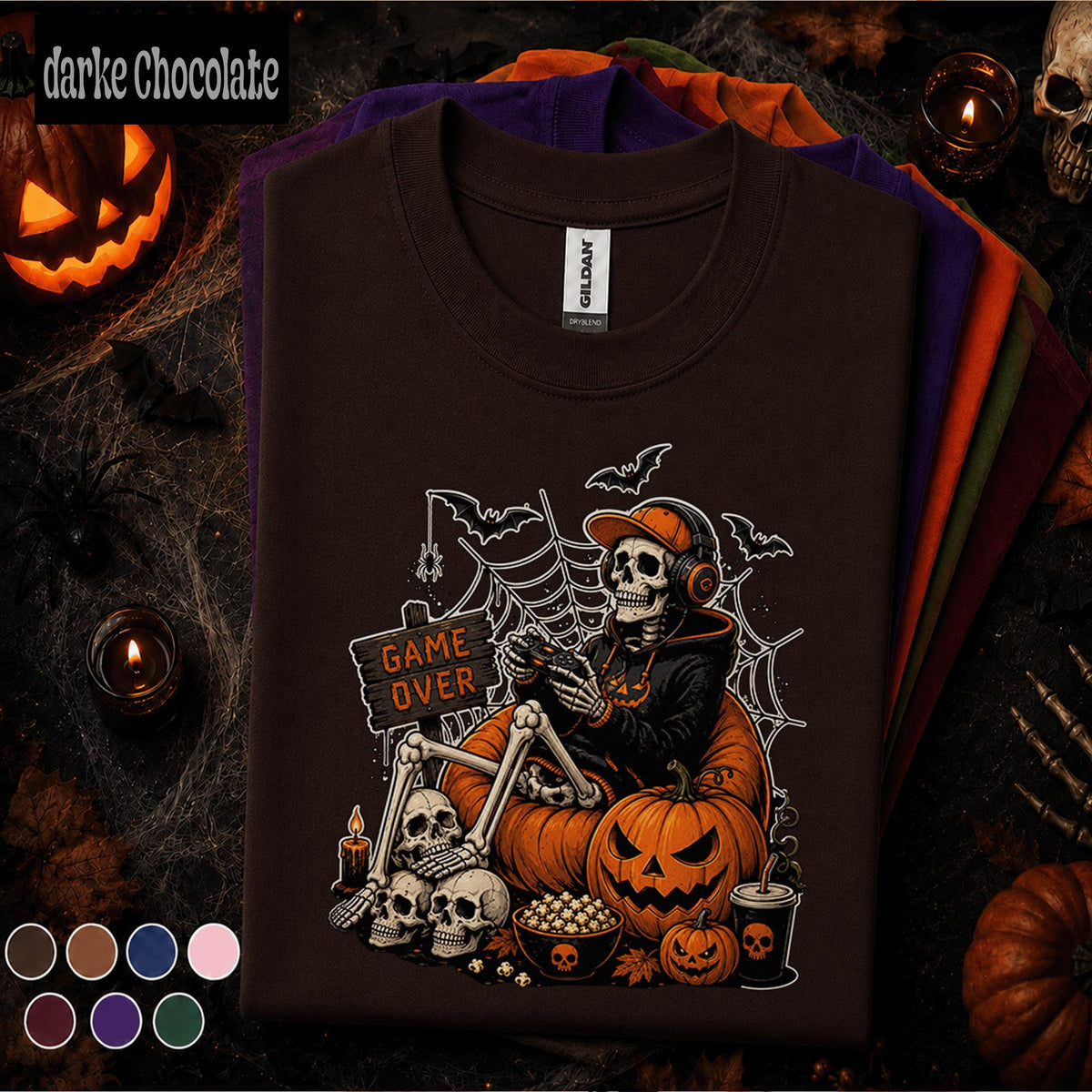 Halloween Gamer Shirt, Game Over Skeleton Tee, Spooky Gaming Tshirt, Pumpkin Gamer Gift, Retro Video Game Halloween Costume Kids Youth Boy
