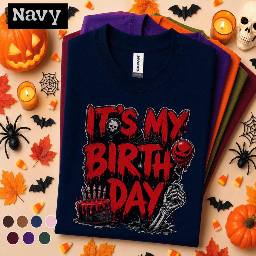 It's My Birthday Halloween Shirt, Horror Birthday Party Tee, Spooky Birthday October Shirt, Skeleton Cake Gothic Halloween Gift Idea October