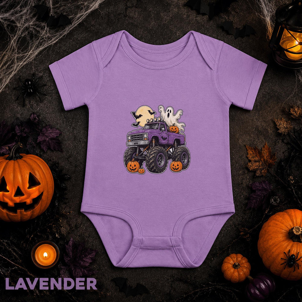 Purple Monster Truck Halloween Baby Bodysuit, Ghost Pumpkin Infant Onesie, Spooky Season Truck Outfit, First Halloween Gift for Baby