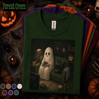 Ghost Gamer Halloween Shirt, Cute Gaming Ghost and Black Cat Tee, Cozy Spooky Season Shirt, Retro Gamer Halloween Gift Tee