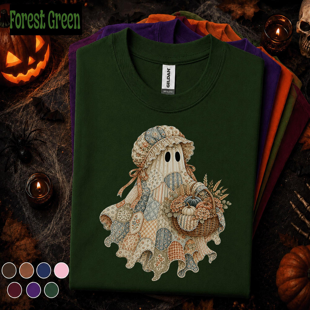 Patchwork Ghost Halloween Shirt, Cottagecore Pumpkin Ghost Tee, Vintage Quilt Spooky Season Shirt, Cozy Fall Halloween Gift for Women