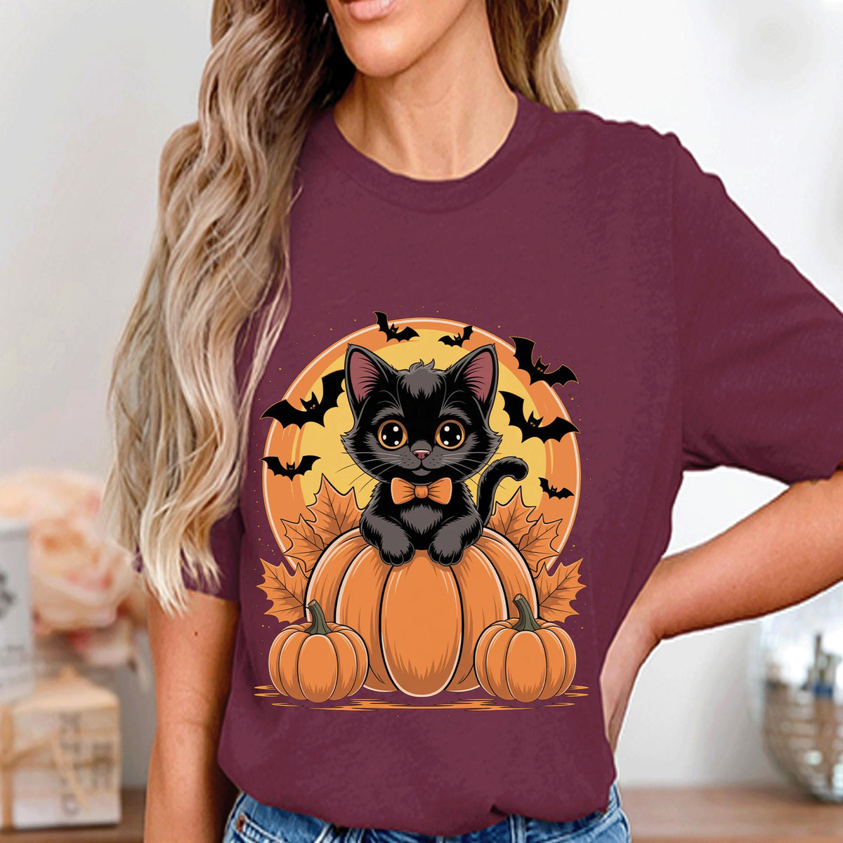 Cute Black Kitten on Pumpkin Shirt with Bats and Full Moon, Spooky Halloween Cat Lover Tee, Haunted Kitten Costume Top, Cat Halloween Shirt