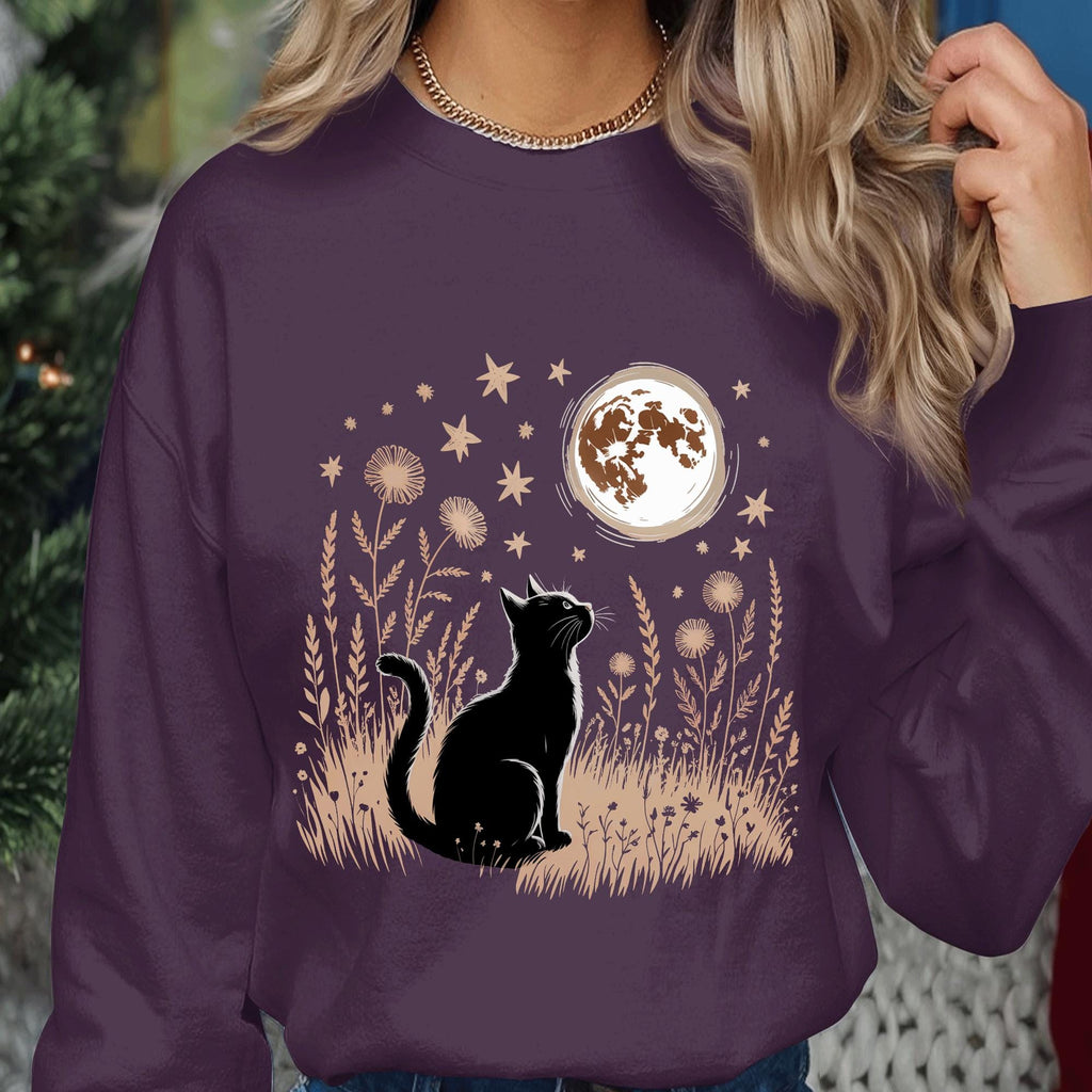 Black Cat Gazing at Full Moon Shirt, Mystical Spooky Cat with Flowers Tee, Cat Lover Halloween Costume Top, Black Cat Shirt, Cat Sweatshirt
