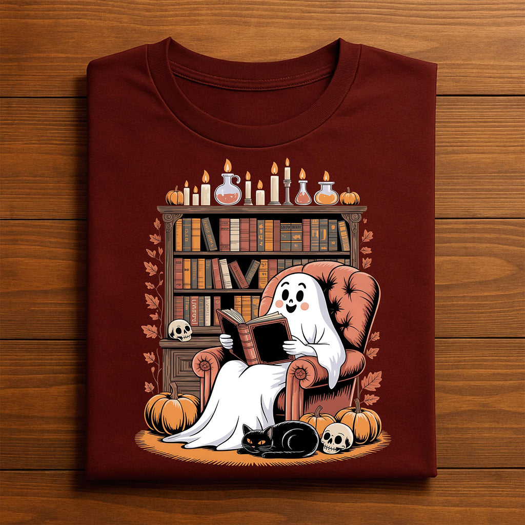Library Ghost Reading Halloween Shirt, Cozy Spooky Book Lover Tee