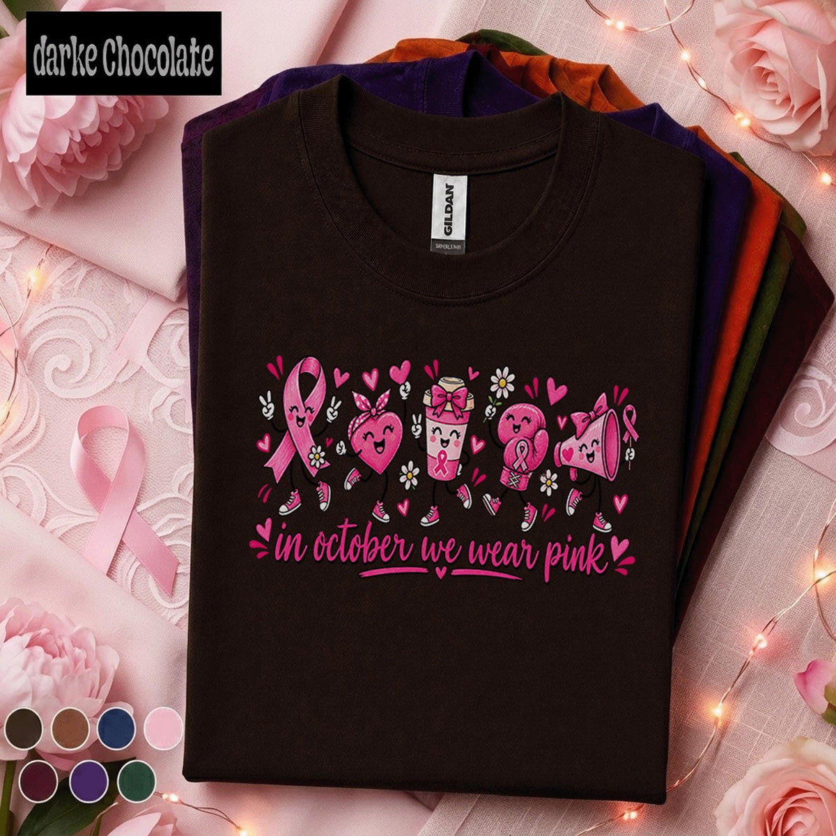 Breast Cancer Awareness Shirt, In October We Wear Pink Tee, Cute Pink Ribbon Characters Shirt, Survivor Fighter Support Gift for Women