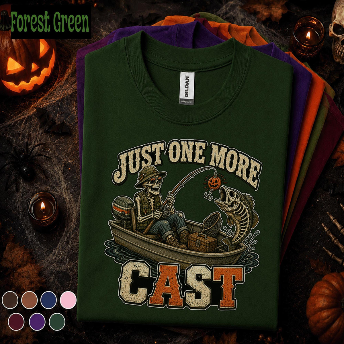 Just One More Cast Halloween Fishing Shirt, Skeleton Fisherman Tee, Spooky Angler Gift, Pumpkin Lure Fishing Tee, Funny Fall Fishing Shirt
