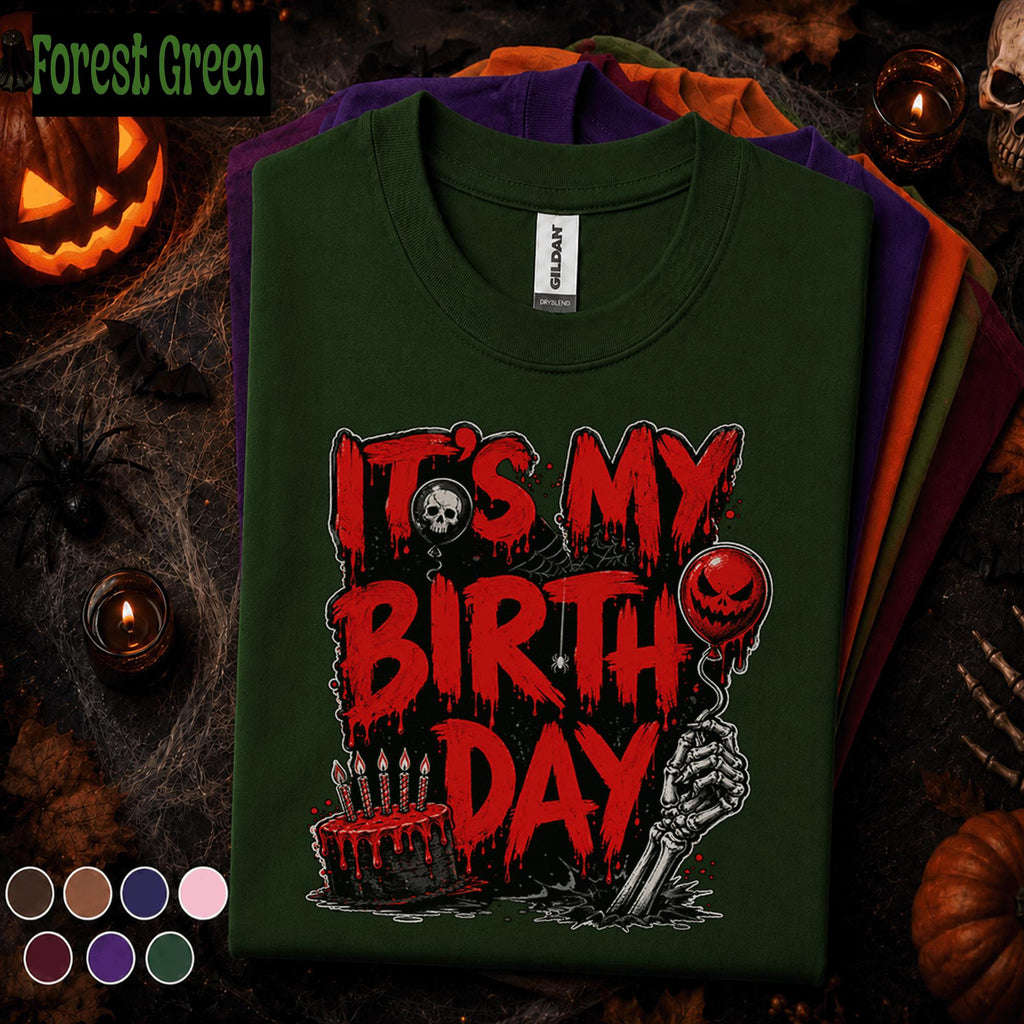 It's My Birthday Halloween Shirt, Horror Birthday Party Tee, Spooky Birthday October Shirt, Skeleton Cake Gothic Halloween Gift Idea October