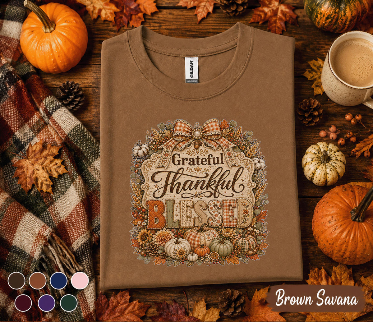 Grateful Thankful Blessed Shirt, Thanksgiving Pumpkin Tee, Cozy Autumn Sweatshirt, Rustic Fall Harvest Shirt, Plaid Bow Pumpkin Gift Women