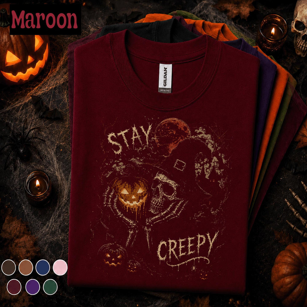 Stay Creepy Halloween Shirt, Skeleton Witch Pumpkin Tee, Gothic Horror T Shirt, Spooky Season, Dark Halloween Gift for Adults