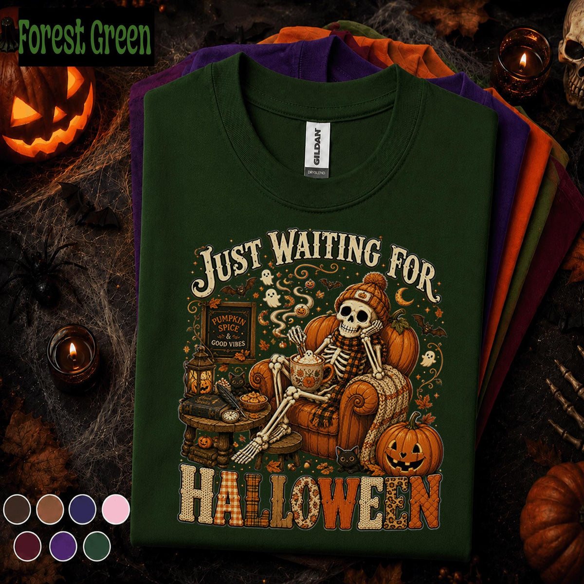 Just Waiting for Halloween Shirt, Skeleton Pumpkin Spice Tee, Cozy Spooky Season Shirt, Vintage Fall Halloween Lover Gift Tee
