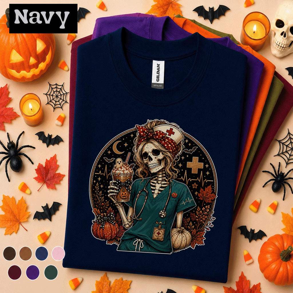 Skeleton Nurse Halloween Shirt, Spooky Registered Nurse Tee, Pumpkin Coffee Nursing Gift, Cute Fall Healthcare Worker Halloween T Shirt