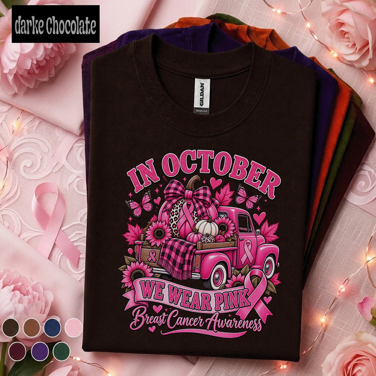 Breast Cancer Awareness Shirt, In October We Wear Pink Tee, Pink Ribbon Fall Truck Shirt, Survivor Fighter Support Gift for Women Mom