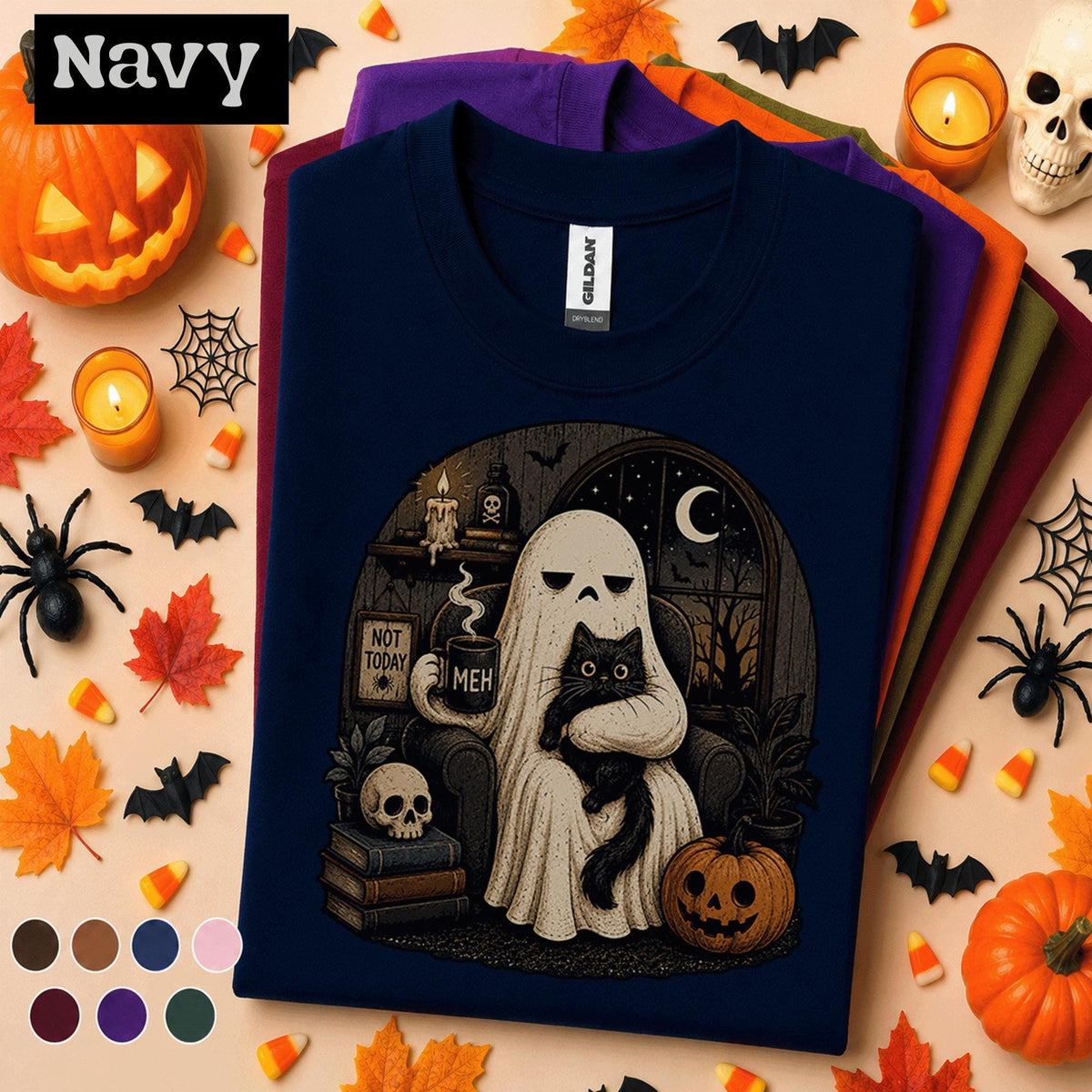 Not Today Ghost Halloween Shirt, Black Cat Ghost Tee, Funny Introvert Spooky T Shirt, Moody Halloween Tee, Cozy Goth Fall Gift