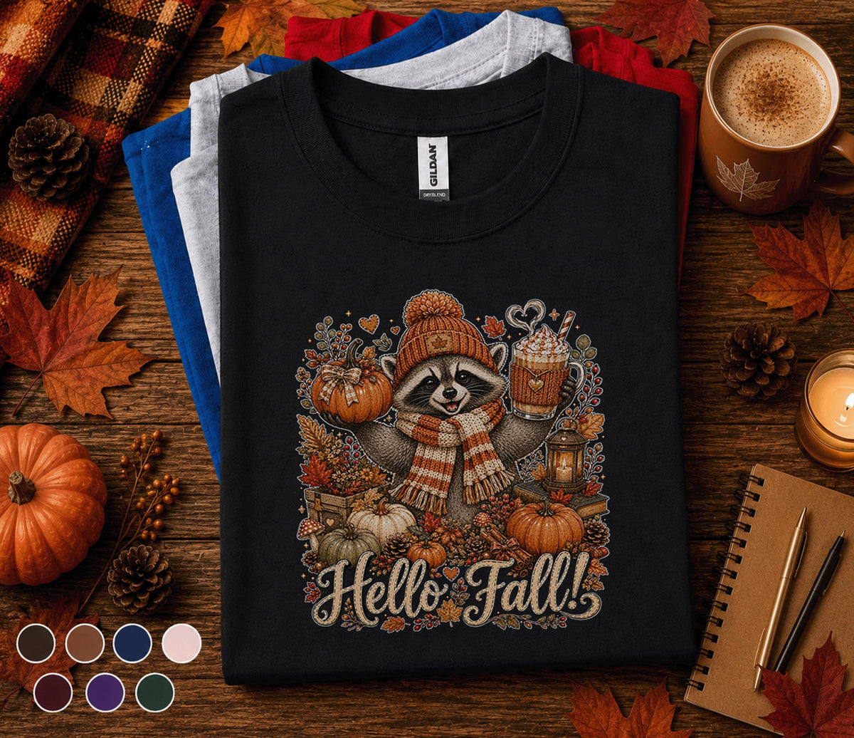 Hello Fall Raccoon Shirt, Cute Autumn Raccoon Pumpkin Spice Coffee Tee