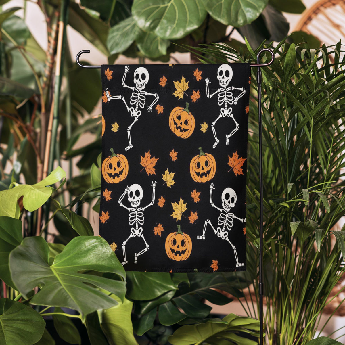 Skeleton Flag Garden, Pumpkin Halloween Decor, Ghoulish Garden Banner, Halloween Garden Flagr, Whimsical Outdoor Decor, Spooky Home Accent