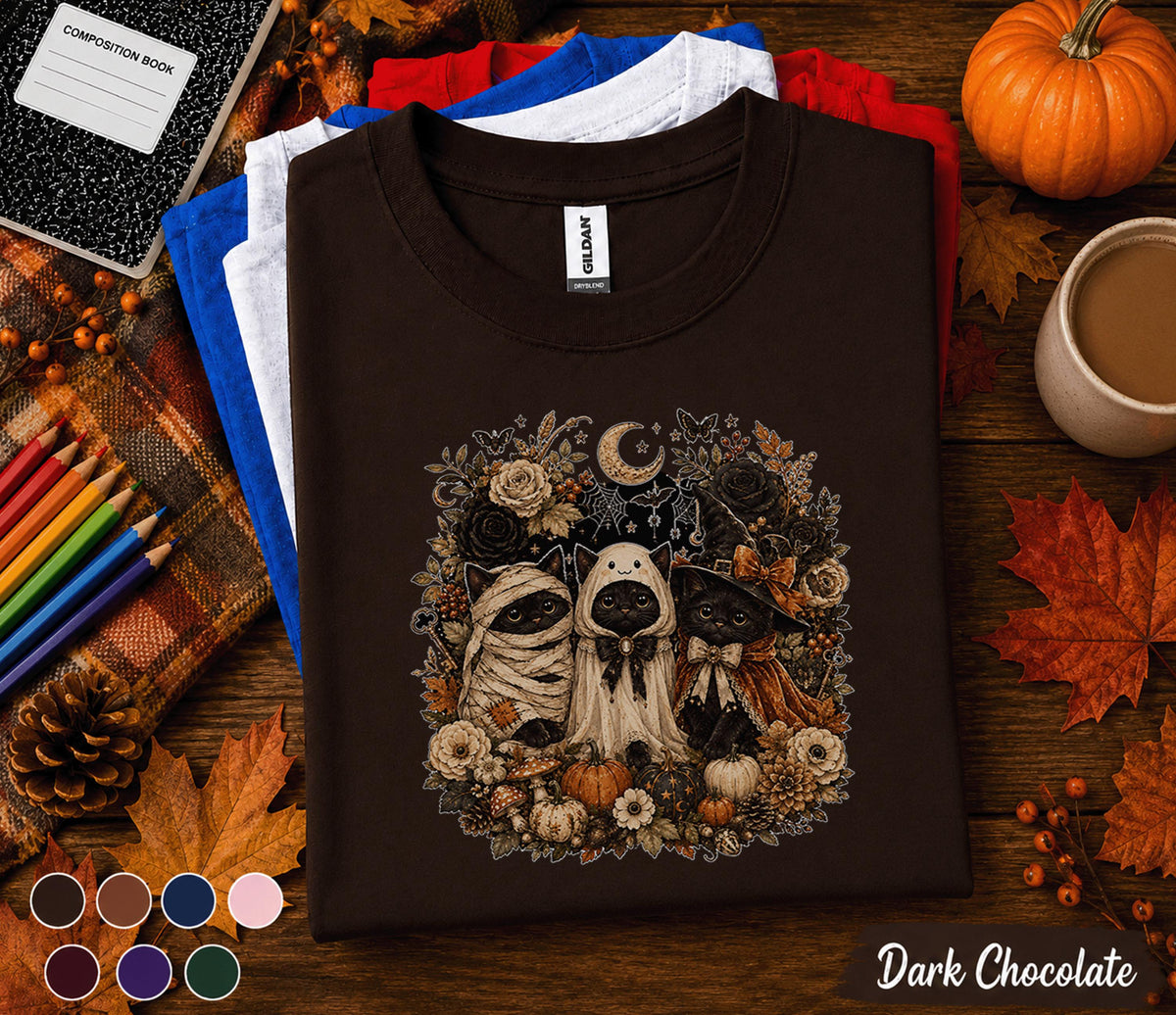 Cute Halloween Black Cat Shirt, Spooky Ghost Kitty Witch Tee, Autumn Pumpkin Cat Lover T-Shirt, Cute Fall Costume Gift for Women
