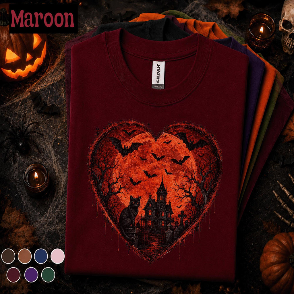 Gothic Halloween Shirt couple, Haunted House Black Cat Tee, Red Moon Bat Tshirt, Spooky Heart Halloween Gift, Dark Goth Shirt