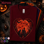 Gothic Halloween Shirt couple, Haunted House Black Cat Tee, Red Moon Bat Tshirt, Spooky Heart Halloween Gift, Dark Goth Shirt
