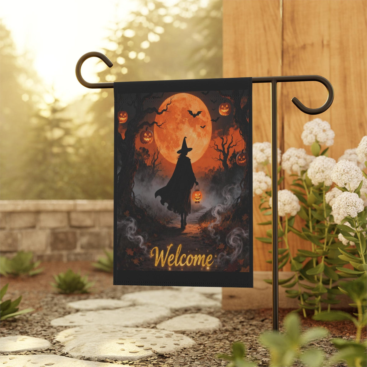 Halloween Witch Garden Flag with Full Moon, Personalized Outdoor Banner