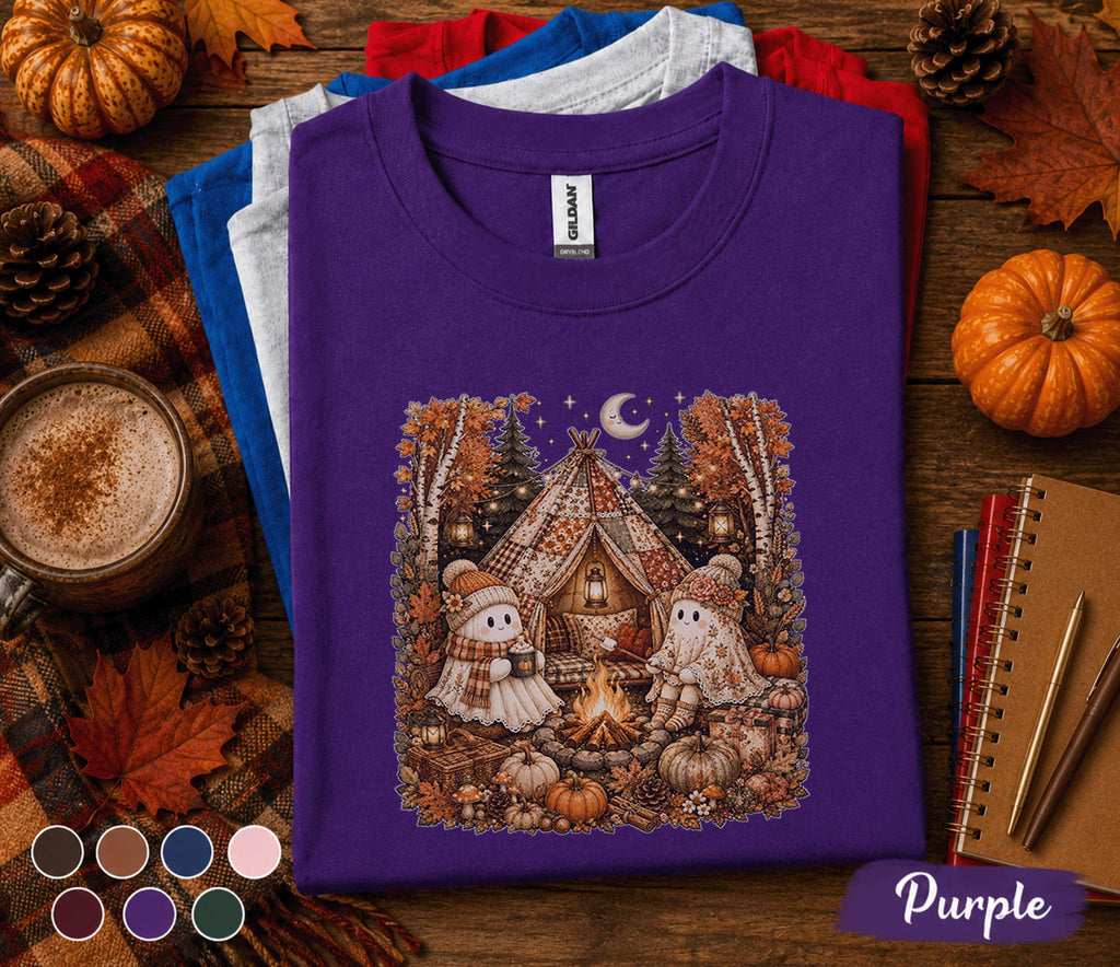 Cute Ghost Camping Fall Shirt, Cozy Autumn Campfire Ghost Sweatshirt, Halloween Glamping Tee, Pumpkin Camp Shirt, Spooky Season Nature Gift