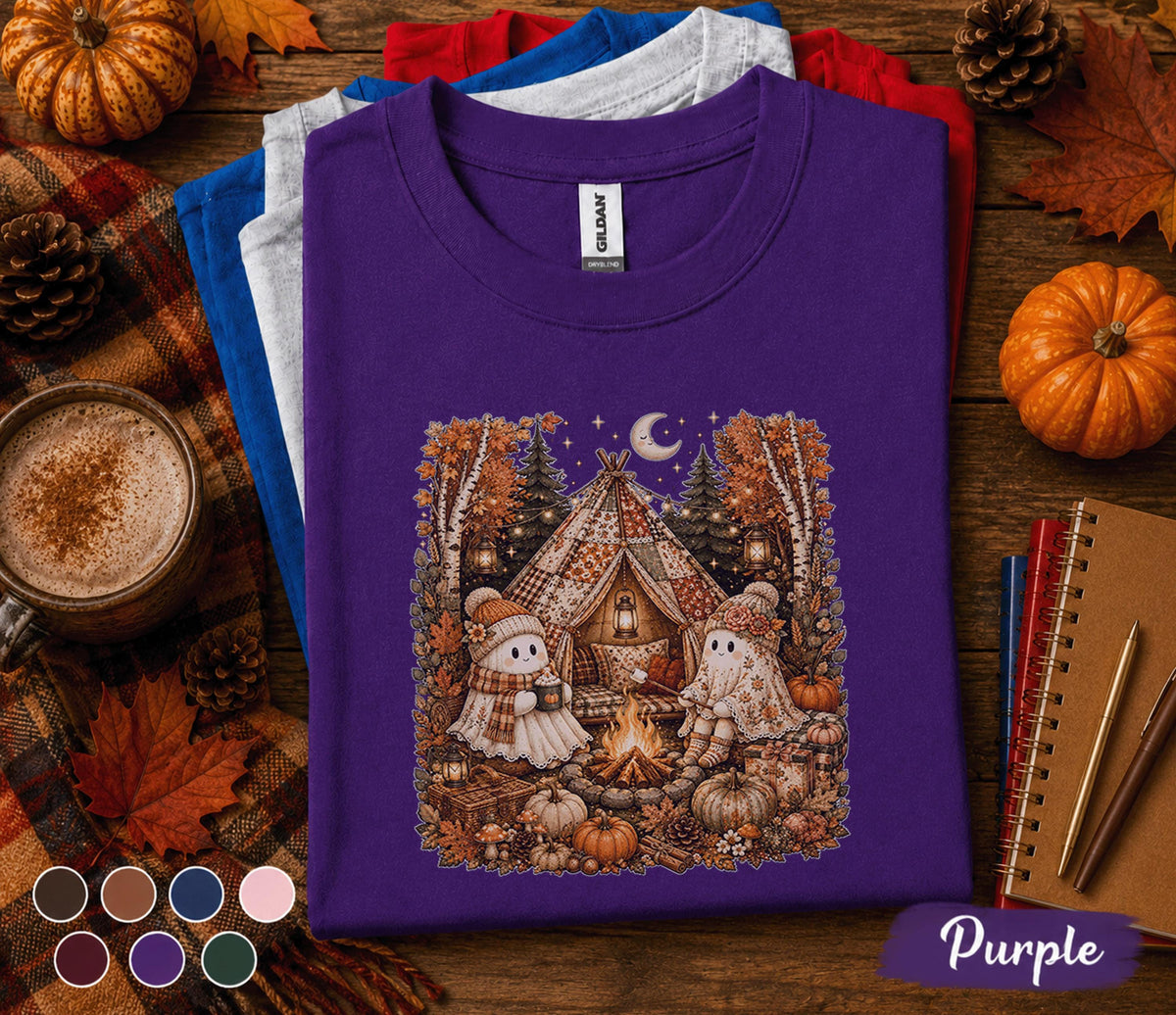 Cute Ghost Camping Fall Shirt, Cozy Autumn Campfire Ghost Sweatshirt, Halloween Glamping Tee, Pumpkin Camp Shirt, Spooky Season Nature Gift