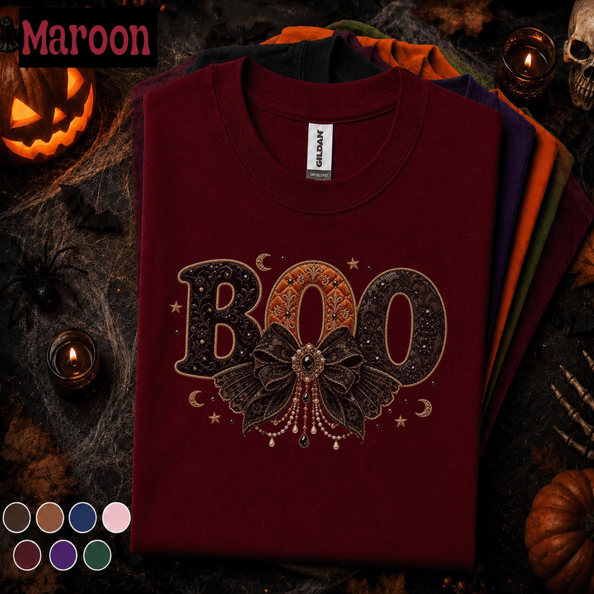 Boo Halloween Shirt, Gothic Bow Tee, Vintage Halloween Top, Coquette Spooky Shirt, Black Orange Boo Tee, Cute Witchy Gift