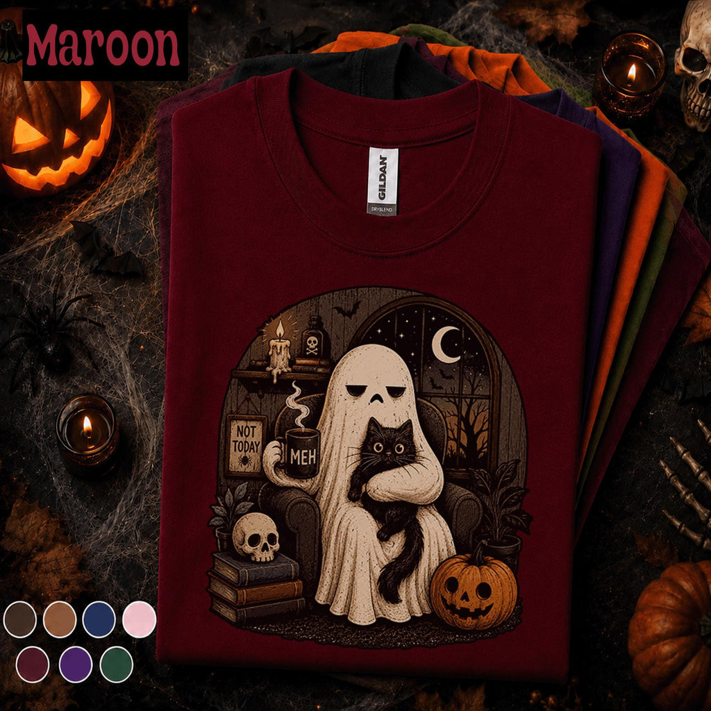 Not Today Ghost Halloween Shirt, Black Cat Ghost Tee, Funny Introvert Spooky T Shirt, Moody Halloween Tee, Cozy Goth Fall Gift