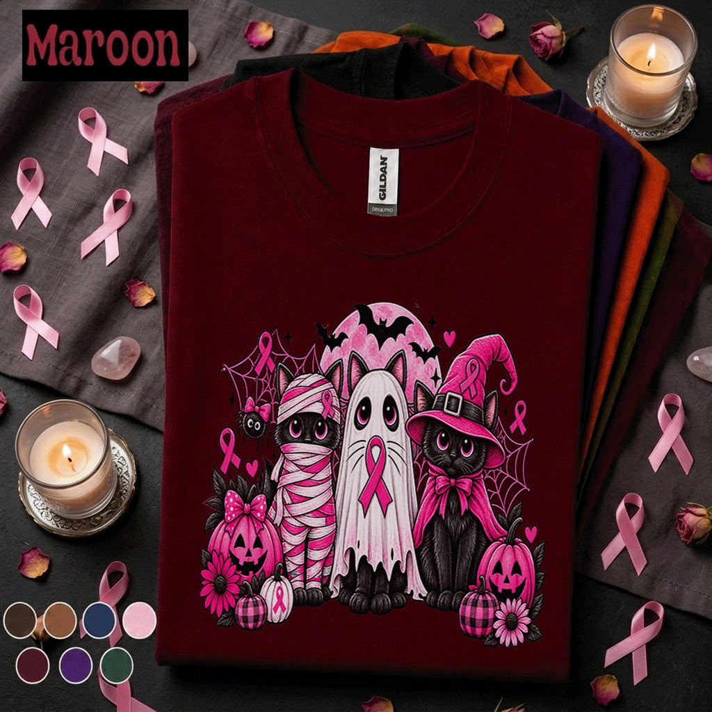 Breast Cancer Awareness Halloween Shirt, Pink Ribbon Black Cat Tee, Spooky October Cancer Support Shirt, Halloween Pink Out Survivor Gift