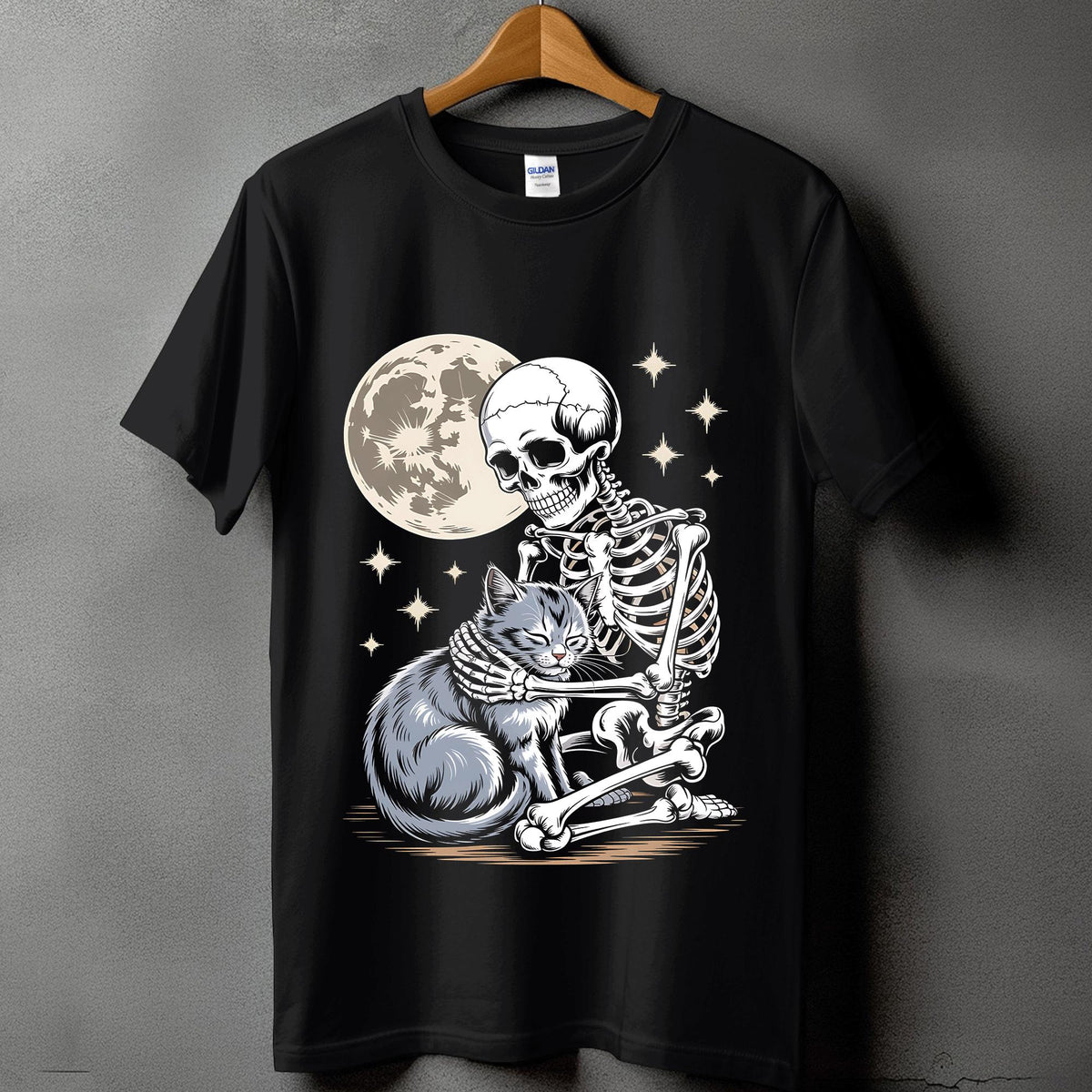 Skeleton Cat Shirt with Full Moon, Spooky Haunted Skeleton and Black Cat Tee, Creepy Cute Halloween Costume Top, Cat Halloween Sweatshirt