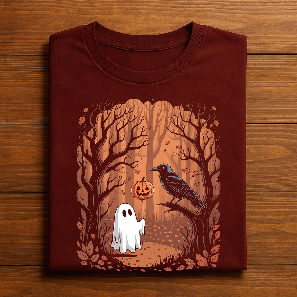 Ghost and Raven Forest Shirt, Autumn Halloween Tee, Spooky Cute Ghost & Crow T-Shirt, Pumpkin Balloon Fall Shirt, Gift Halloween Sweatshirt