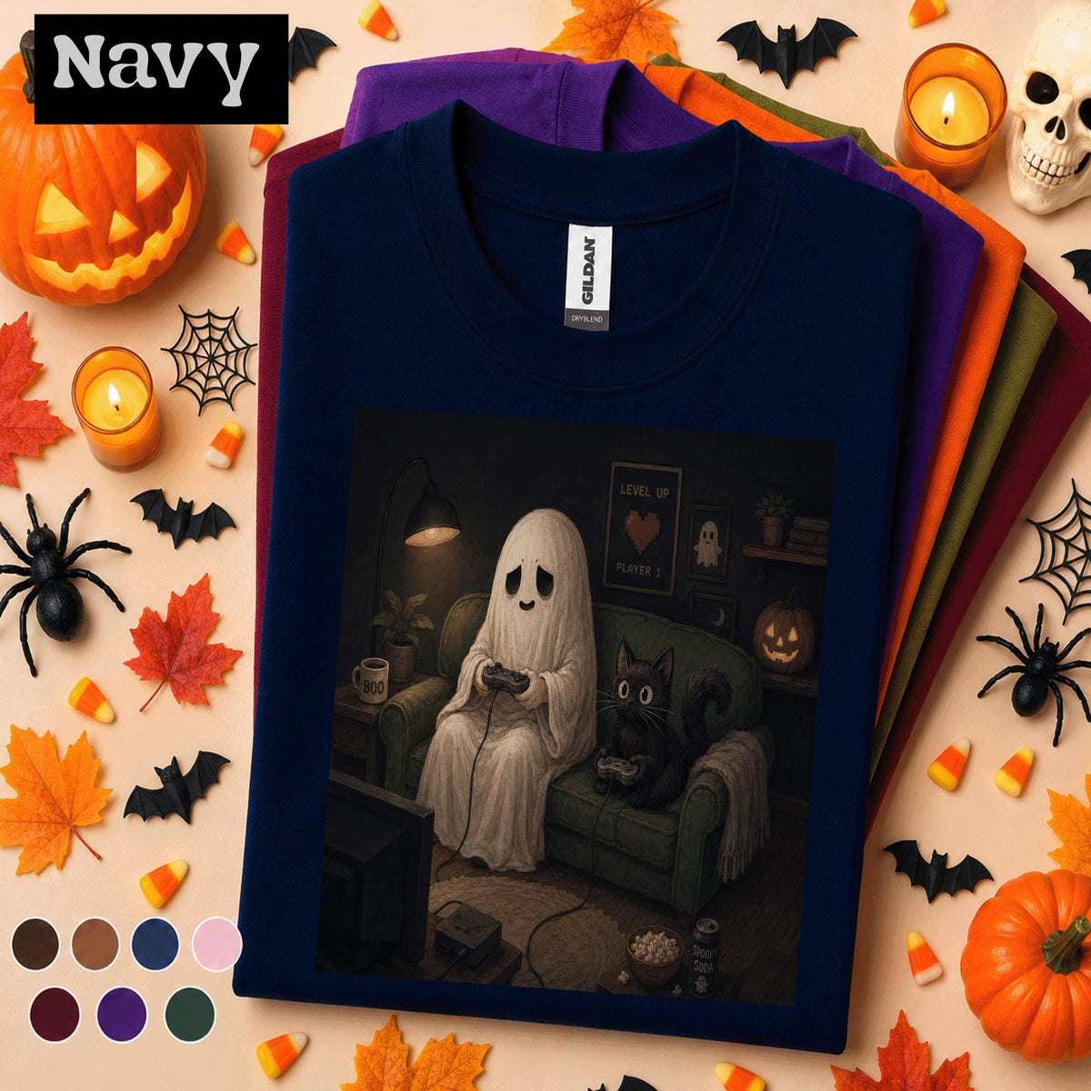 Ghost Gamer Halloween Shirt, Cute Gaming Ghost and Black Cat Tee, Cozy Spooky Season Shirt, Retro Gamer Halloween Gift Tee