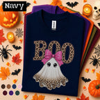 Boo Halloween Shirt, Cute Ghost Tee, Pink Bow Halloween Top, Leopard Print Ghost Shirt, Girly Spooky Season Tee, Fall Gift