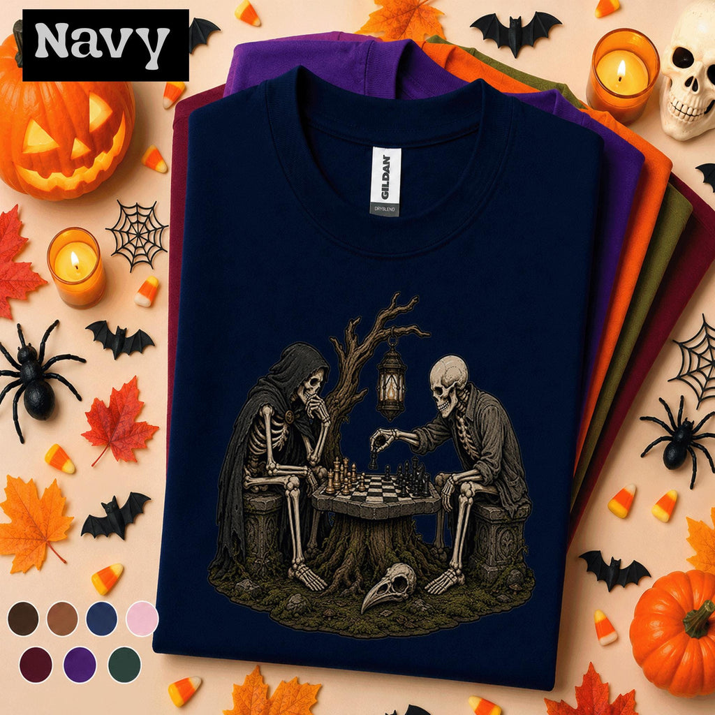 Skeleton Chess Halloween Shirt, Gothic Chess Player Tee, Spooky Skeleton Graphic Shirt, Dark Academia Gift, Vintage Halloween Chess Tee