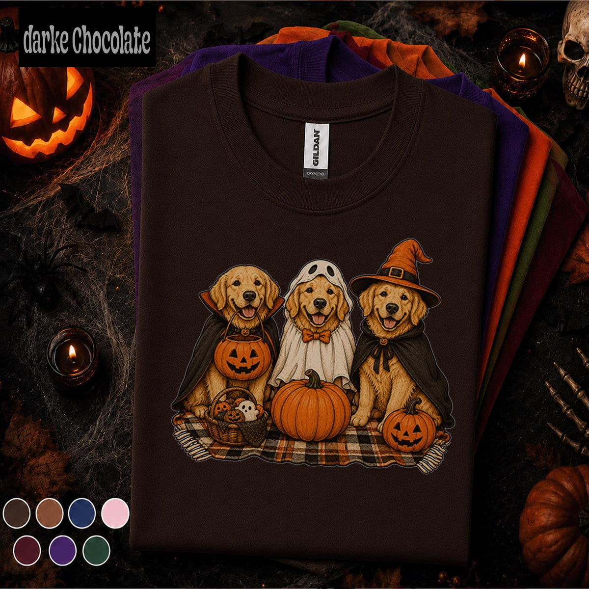 Golden Retriever Halloween Shirt, Three Dogs in Costumes Tee, Cute Ghost Witch Vampire Dog Shirt, Pumpkin Pet Lover Spooky Season Gift