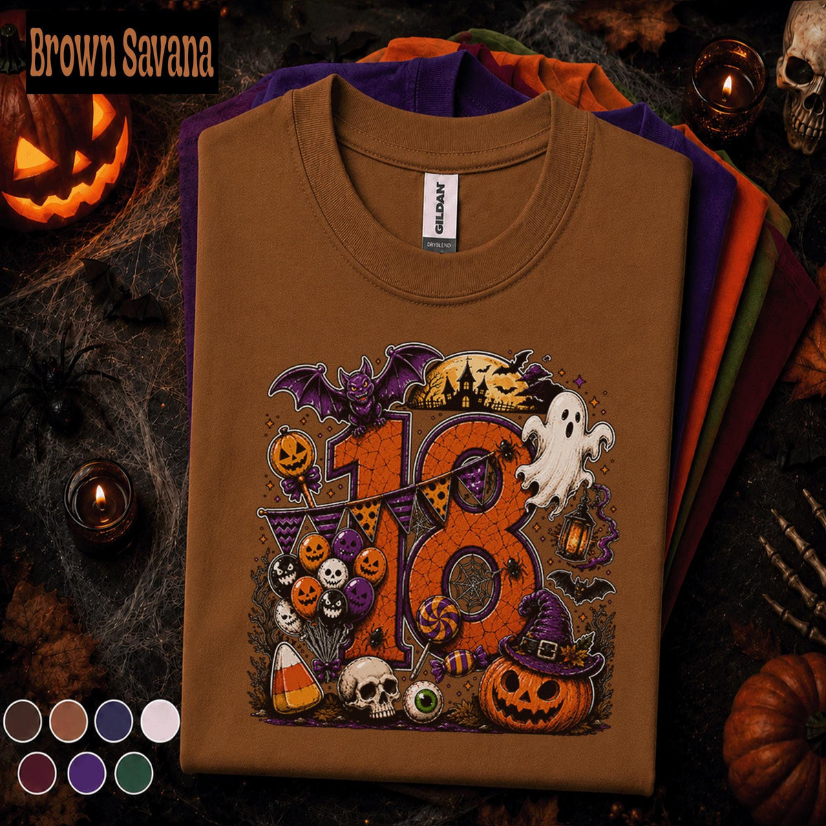 18th Birthday Halloween Shirt, Spooky Number 18 Tee, October Birthday Party Shirt, Ghost Pumpkin Witch Halloween Gift for Teen Girls Boys