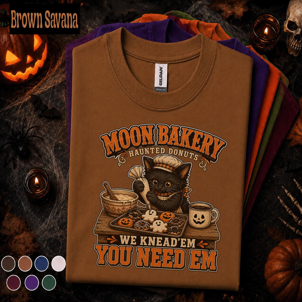 Black Cat Halloween Shirt, Moon Bakery Haunted Donuts Tee, Funny Baking Cat T Shirt, Spooky Baker Gift, Cute Fall Coffee Pumpkin Top
