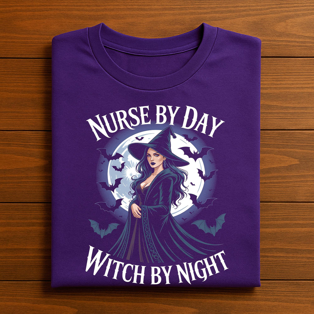 Nurse by Day Witch by Night Shirt, Gift Nurse Witch Halloween Nurse Tee with Full Moon and Bats, Spooky Nurse Costume for Healthcare Workers