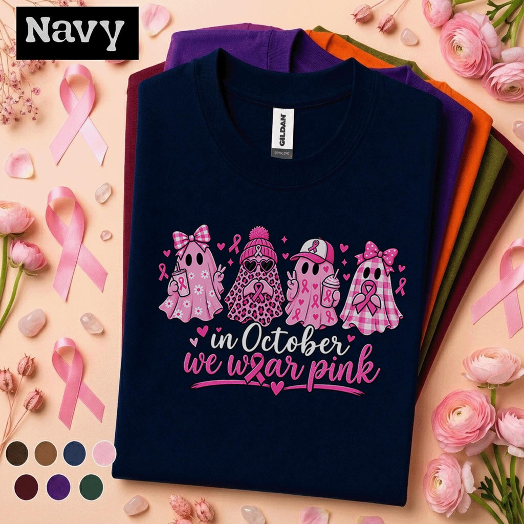 Breast Cancer Awareness Shirt, In October We Wear Pink Ghost Tee, Pink Ribbon Halloween Shirt, Cute Spooky Season Support Gift for Women