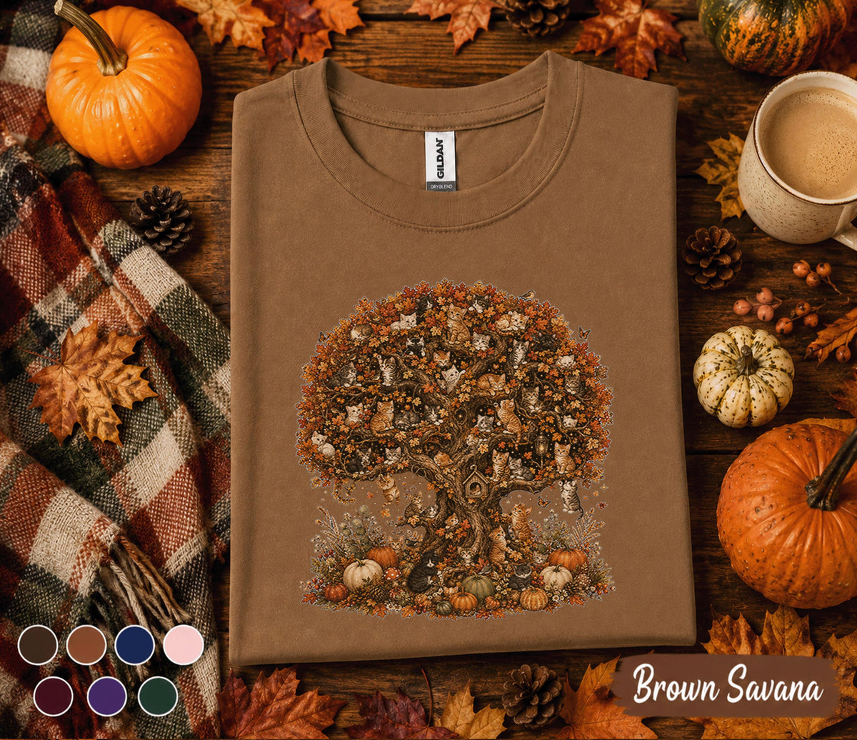 Cute Cat Fall Shirt, Autumn Kitten Tree Tee, Pumpkin Harvest Cat Lover T-Shirt, Woodland Cats Cottagecore Fall Outfit, Thanksgiving Gift