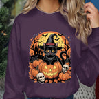 Halloween witch cat shirt pumpkins, skulls, haunted castle, flying bats and spooky night background, Black Cat Halloween Sweatshirt Gift