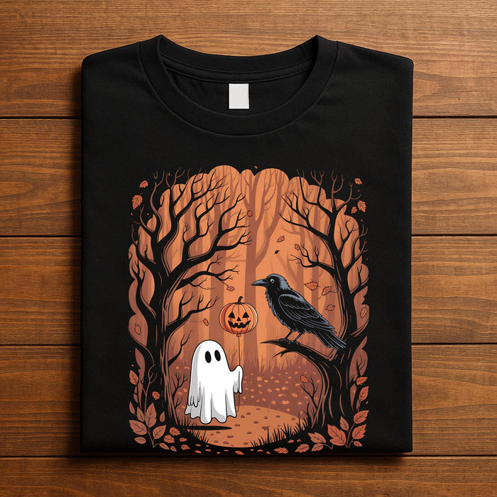 Ghost and Raven Forest Shirt, Autumn Halloween Tee