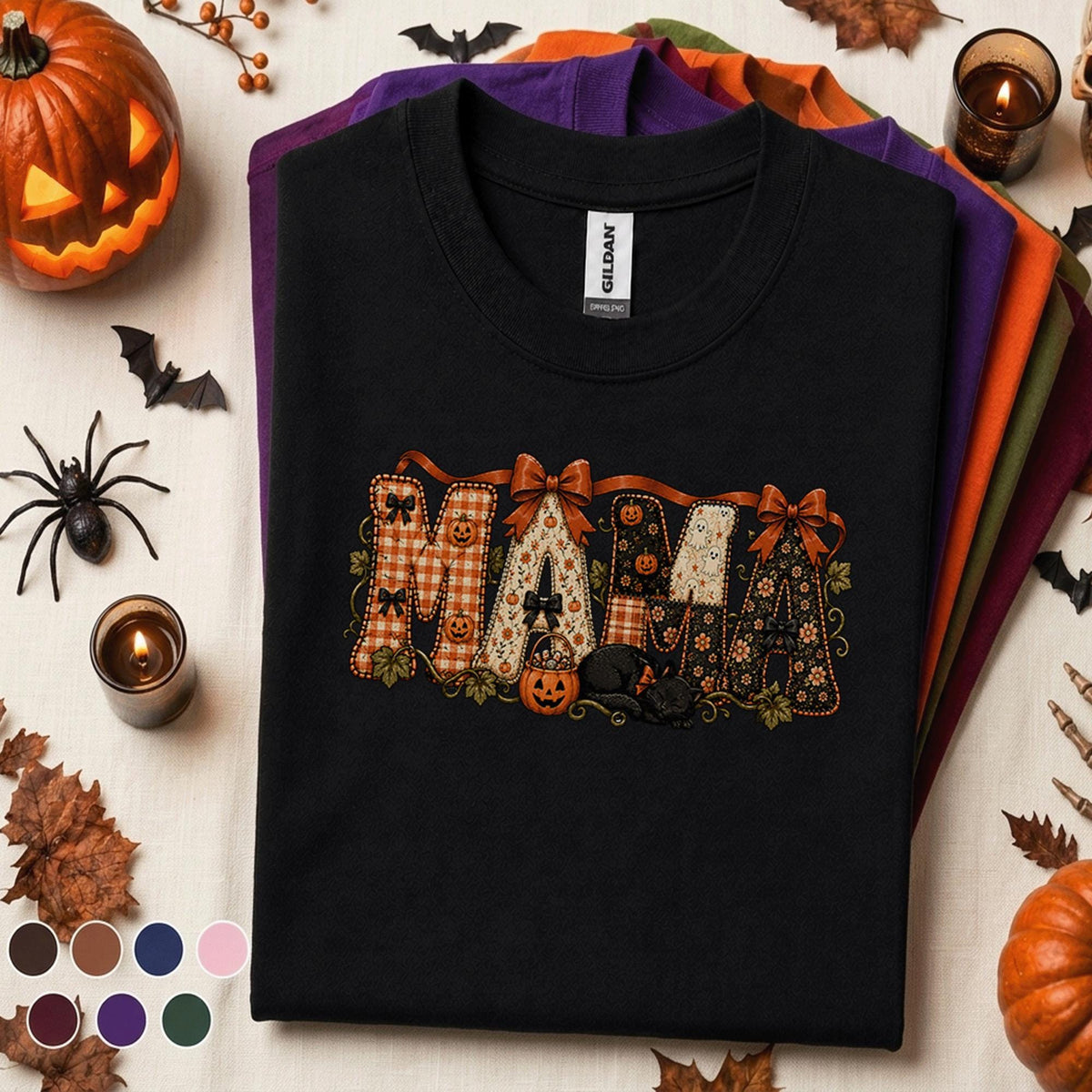 Mama Halloween Shirt, Retro Patchwork Pumpkin Mom Tee